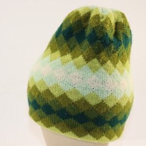 Hansen Knit Beanie Hat Green Chevron Wool Blend‎ Vintage Unisex Winter Cap
